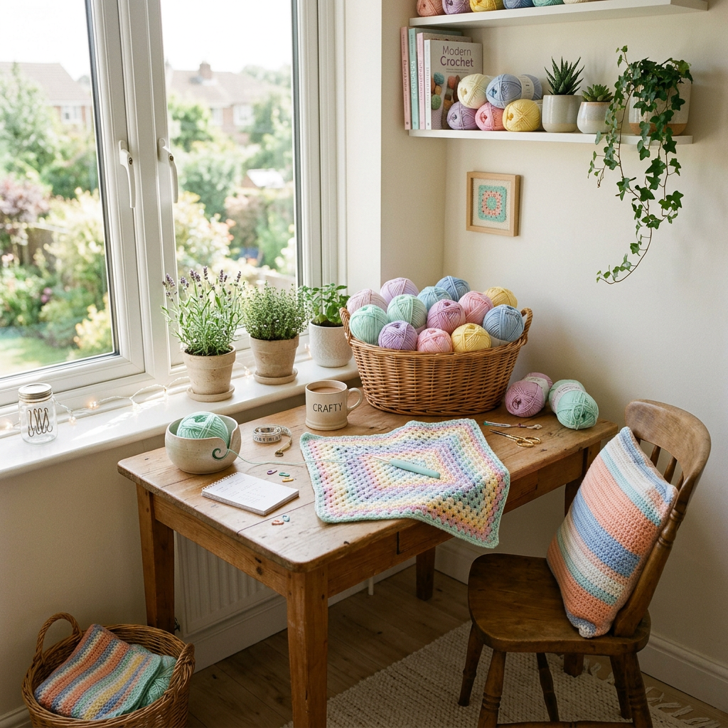 Cozy wooden table with multicolored yarn balls, crochet hook, and plants by a window